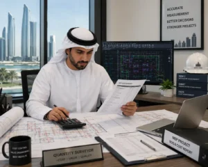 Quantity surveyor reviewing MEP drawings and cost reports in Abu Dhabi office.