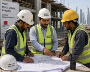 Resident engineer reviewing construction drawings with contractors at Bahrain building site