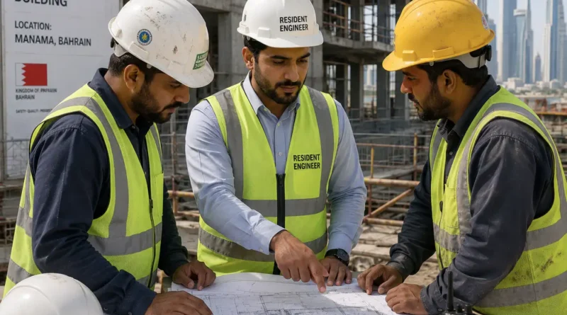 Resident engineer reviewing construction drawings with contractors at Bahrain building site