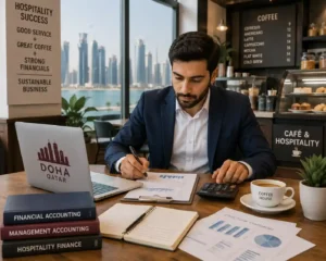 Professional accountant reviewing financial reports inside a modern café and hospitality business in Doha Qatar