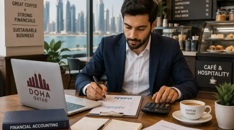 Professional accountant reviewing financial reports inside a modern café and hospitality business in Doha Qatar
