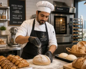 Professional baker preparing fresh bread and pastries in bakery kitchen in Doha Qatar.