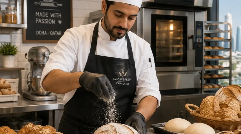 Professional baker preparing fresh bread and pastries in bakery kitchen in Doha Qatar.