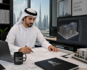 Professional architect reviewing building plans and BIM model in a modern Dubai office.