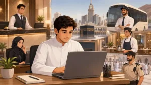 Beginner job seeker reviewing Hajj season jobs in Makkah with hotel staff, customer service workers, drivers, restaurant workers, and security staff