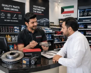 Auto spare parts salesman helping customer choose car parts in Kuwait store.