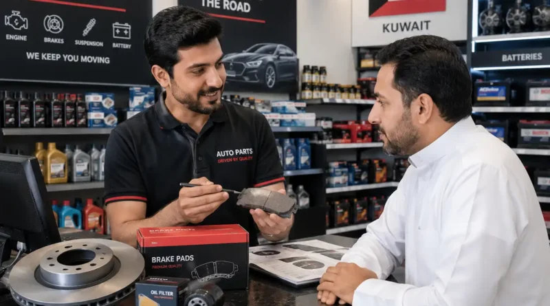 Auto spare parts salesman helping customer choose car parts in Kuwait store.