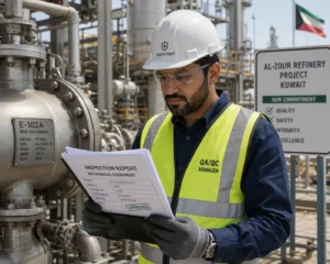 Mechanical QA QC manager reviewing oil and gas inspection reports in Kuwait refinery project