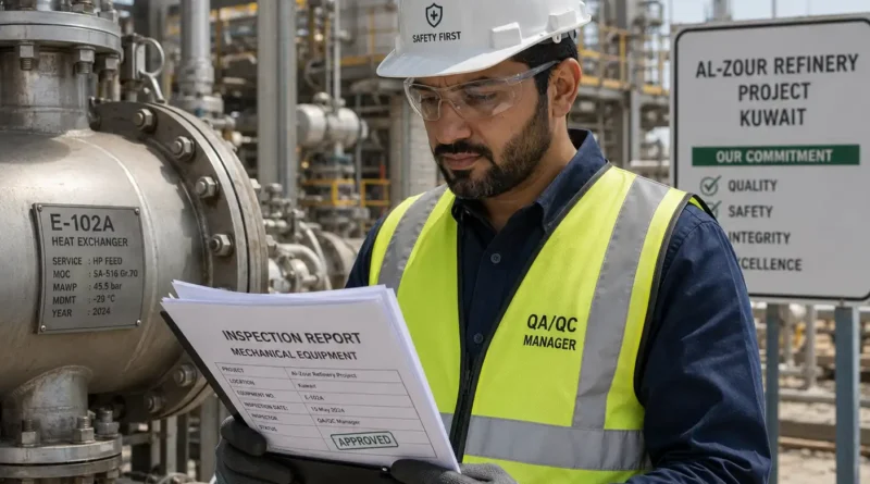 Mechanical QA QC manager reviewing oil and gas inspection reports in Kuwait refinery project