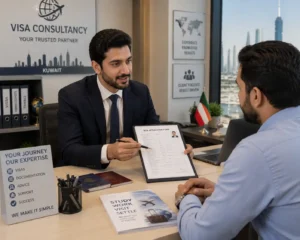 Visa consultant reviewing passport documents and visa forms with client in Kuwait office.