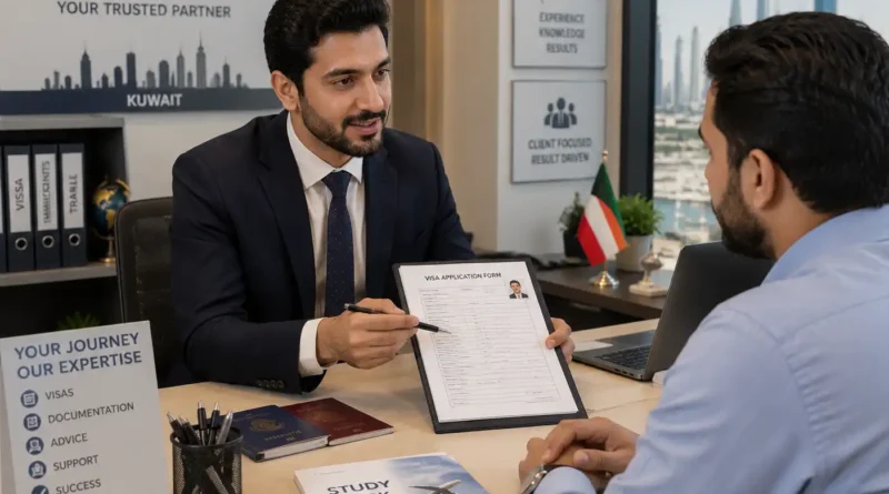 Visa consultant reviewing passport documents and visa forms with client in Kuwait office.
