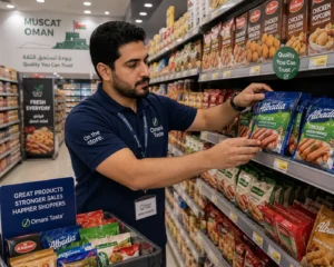 Mobile merchandiser arranging packaged food products in Muscat Oman supermarket