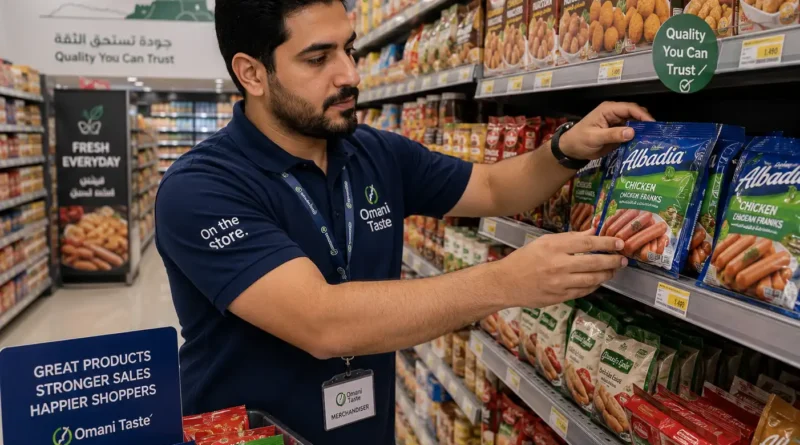 Mobile merchandiser arranging packaged food products in Muscat Oman supermarket