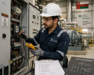 Electrical technician inspecting control panels inside Oman energy facility