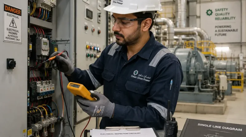 Electrical technician inspecting control panels inside Oman energy facility