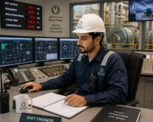 Shift engineer monitoring power plant systems from control room in Oman