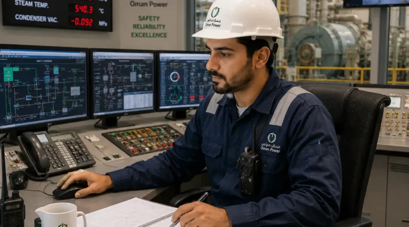 Shift engineer monitoring power plant systems from control room in Oman
