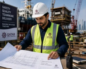Marine construction manager reviewing offshore project plans at Qatar shipyard