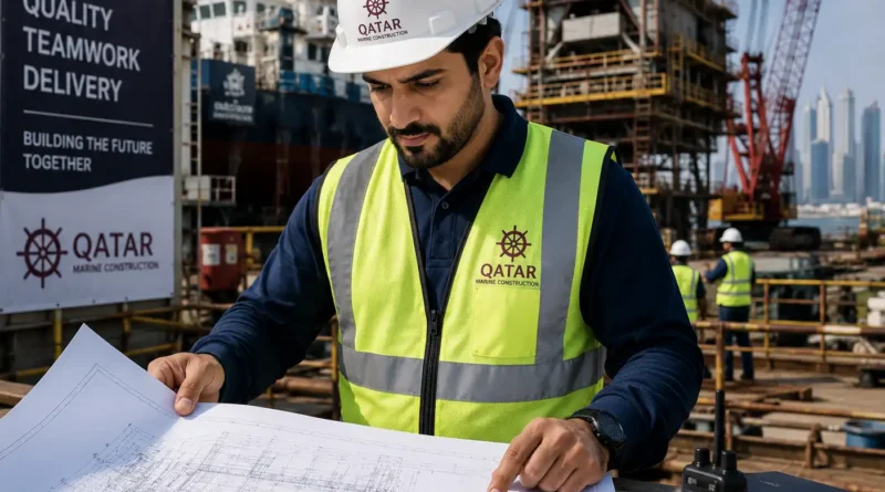 Marine construction manager reviewing offshore project plans at Qatar shipyard