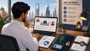 Beginner job seeker reviewing an online job offer safely on a laptop with fake recruitment warning signs and protected personal documents in Saudi Arabia and the Gulf