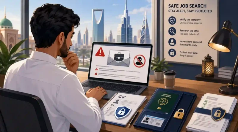 Beginner job seeker reviewing an online job offer safely on a laptop with fake recruitment warning signs and protected personal documents in Saudi Arabia and the Gulf