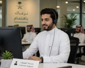 Professional call center employee wearing a headset working in a modern Saudi office