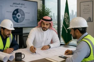Professional risk manager reviewing construction project plans with engineers in Saudi Arabia.