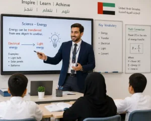 Bilingual maths and science teacher explaining a science lesson to students in a modern UAE classroom