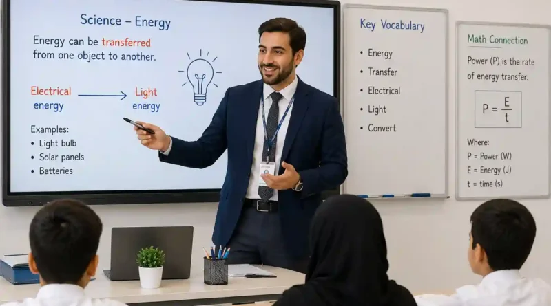 Bilingual maths and science teacher explaining a science lesson to students in a modern UAE classroom
