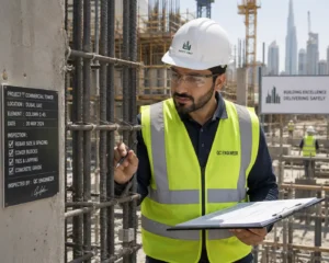 Civil structural QC engineer inspecting steel reinforcement and concrete at UAE construction site.