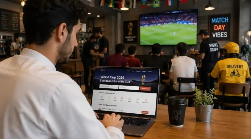 Beginner job seeker searching for World Cup 2026 jobs in the Gulf on a laptop inside a café with football fans, event staff, café workers, and delivery support in the background